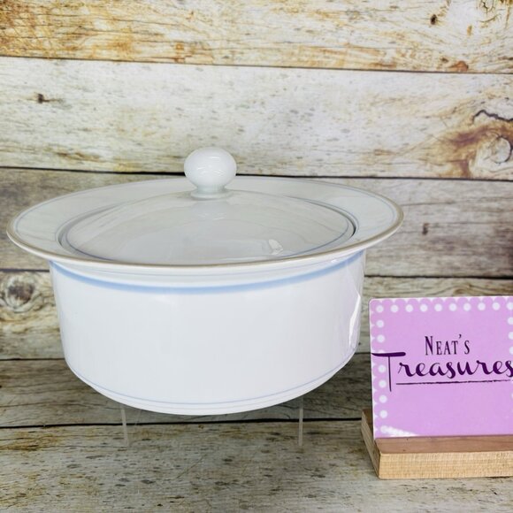 Dansk DAN44 Blue Band Gray Rim White Porcelain 2 Qt Round Covered Casserole Dish - Picture 1 of 16